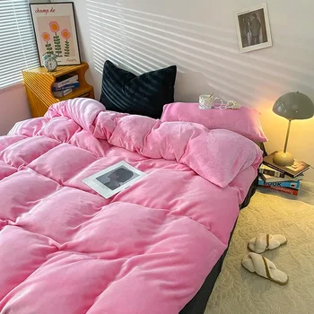 Meleg téli tej bársony paplanhuzat egyszínű rózsaszín ágytakaró King méret párnahuzat nélkül Ágypaplanok paplanhuzat dupla