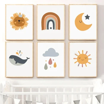 Rajzfilm Anima Sun Stars Plakátok és nyomatok Hold szivárvány vászon nyomatok Gyerekszoba fali dekoráció Kép Gyerekszoba művészet