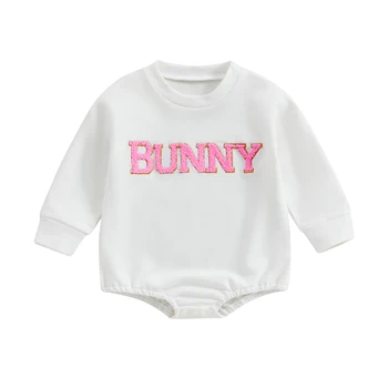 Újszülött kislány fiú húsvéti ruha nyuszi hímzés pulóver romper hosszú ujjú legénynyakú húsvéti ruhák