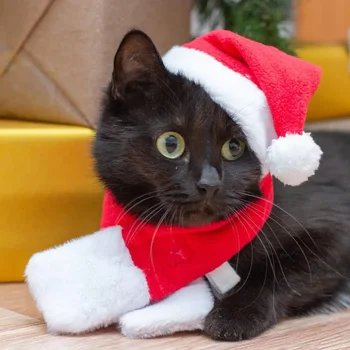 Aranyos macska kutya karácsonyi sapka sállal kis nyúlbabának Kisállat Mikulás sapkák Ünnepi parti jelmez Cosplay kellékek Kiskutya kiegészítők