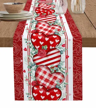 Valentin-nap Piros szerelem eukaliptusz levelek rózsák Asztali futó Konyhai dekoráció Asztalhuzat Esküvői terítő 4/6db Tányéralátétek