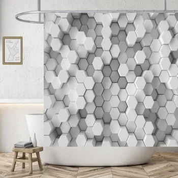 Nordic Marble textúra nyomtatás Fehér zuhanyfüggönyök Vízálló szürke Hatszög geometria Fürdőszoba függöny szövet Dekor függönyök 3D