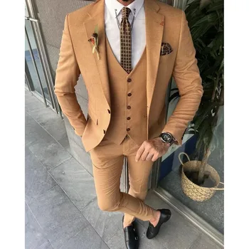2023 Új esküvői férfiak világosbarna rovátkolt hajtókás öltönyök Üzleti alkalmi formális jelmez Homme Slim Fit 3 db-os készlet kabát mellény nadrág