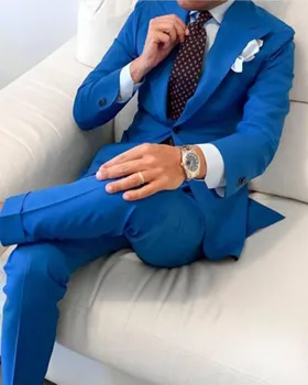 Jelmez Homme Blazer nadrág Custom Slim 2Db királykék csúcshajtóka Business Férfi öltönyök Szabó öltönyök Férfi esküvői öltönyök Party viselet