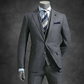 Business Office szürke esküvői öltöny férfiaknak Slim Fit rovátkolt hajtóka vőlegény szmokingok 3 részes szettek elegáns férfi blézer jelmez homme