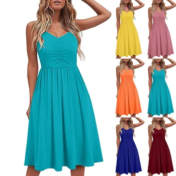 2024 Sping Summer női szexi partiruha Egyszínű karcsú spagettipántos ruha Elegáns vintage V nyakú ujjatlan ruha