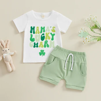 Csecsemő kisfiú Szent Patrik napi ruhája Lucky Charm Shamrock póló rövidnadrág szettek Újszülött nyári ruhák