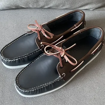 2023 Új alkalmi kézzel készített férfi cipő Fűzős csónakcipő férfiaknak Kényelmes bőr alkalmi cipők Felnőtt gumi sétacipő férfi