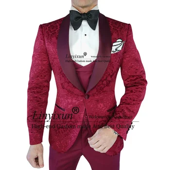 Burgundia Jacquard esküvői öltöny férfiaknak Kendő hajtóka férfi báli blézer szettek Vőlegény Tuxedos Slim Fit Terno Masculinos Completo