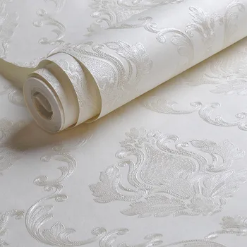 krémes fehér dombornyomott damaszt tapéta hálószoba nappali Háttér Virágminta 3D texturált fali papír Lakberendezés tekercs