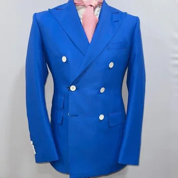Royal Blue Blazer+nadrág férfi öltöny 2 részes duplamellű lapos Slim Fit alkalmi szmokingok esküvőre