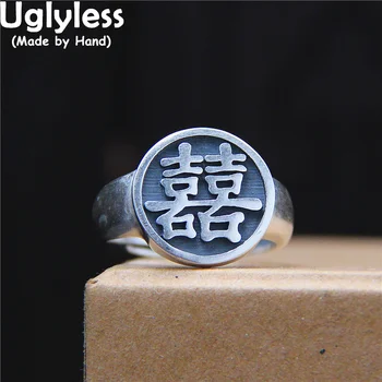 Uglyless XI Stamp 990 Ezüst gyűrűk nőknek Square Kínai karakter Kulturális ajándékok Ékszerek Thai ezüst etnikai gyűrűk Vintage