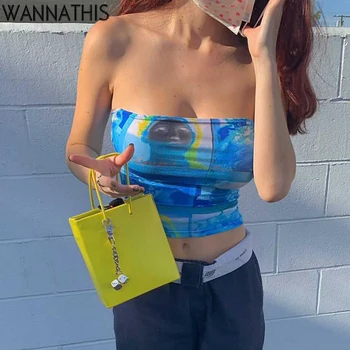 WannaThis Tube Camisole Women Slim Elastic Sleeveless Sexy Off Shoulder TieDye Fashion Summer Backless Cropped Top Print 2021Új
