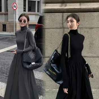 LSKK Új francia stílusú temperamentum Női kiváló minőségű fekete ruha Hepburn stílusú szürke garbós ruha nőknek ősz és tél