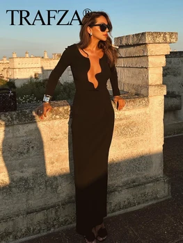 TRAFZA Fashion női aszimmetrikus hosszú ujjú estélyi klub party ruha elegáns nő elegáns elegáns kivágott ruha fekete szűk maxi ruha