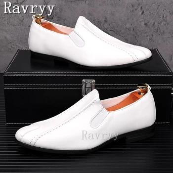 Férfi nyári lélegző fehér bőrcipő Brit üzleti alkalmi cipő változat hegyes lábujjú egylépéses csúszás a férfi cipőn