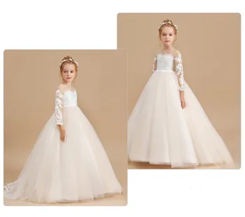 Lányok bankett ruha Baba gyerek ruhák Fehér esküvői gyermek ruházat láthatatlan nyakkivágás lány rátétes hosszú ujjú ruhák