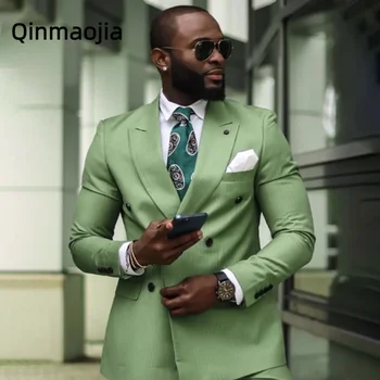 zöld csíkos slim fit szalagavató férfi öltönyök dupla mellű csúcsos hajtókával Custom 2 részes esküvői szmoking, 2024 divatruha elegáns