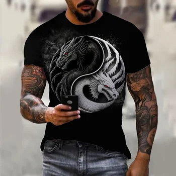 Férfi póló férfiaknak Elder Dragon Graphic 3D póló New Summer férfi túlméretezett rövid ujjú fekete-fehér design poliészter