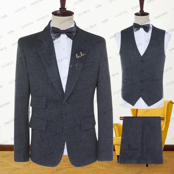 2023 Férfiak Kiváló minőségű üzleti esküvő Vőlegény esküvő Esküvő kék fekete vegyes betű minta Tweed 3 db öltöny Tuxedo(dzsek+mellény+nadrág)