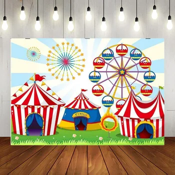 Cirkusz háttér Boldog születésnapot Kültéri vidámparki sátor Óriáskerék tűzijáték aranyos fiú lány dekorációk kellék banner