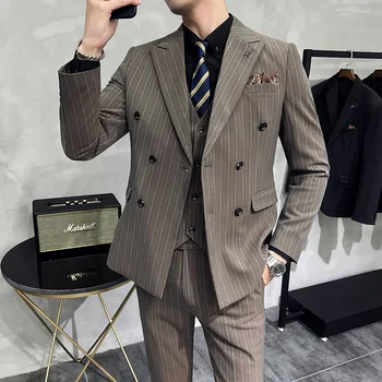 2023 ősz és tél Új koreai Slim Fit férfi csíkos öltöny háromrészes szett dupla mellel