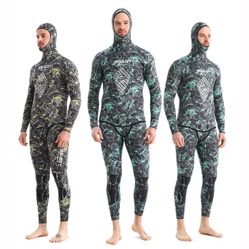 Új 1,5 mm/3 mm-es neoprén férfi búvárruha osztott kapucnis terepszínű kétrészes meleg víz alatti vadászat szörfözés úszóruha 2023