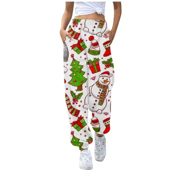 Női alkalmi divat Karácsonyi minta Alkalmi húzózsinór Elasztikus derék Húzózsinóros nadrág Alkalmi egyenes bő nadrág