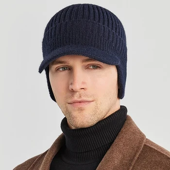 Férfi téli kötött fülvédő sapka Think gyapjúsapkák Motorháztető visszapattintható sapka rövid karimájú kalap Kültéri kerékpáros plüss Melegen tartani kalap