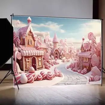 HOLD. QG háttér Gyerekek rózsaszín cukor Nyalóka kastély születésnapi dekoráció háttér Candy Bar Candyland Cookie Party fotófülke