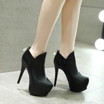 Szexi fekete 14cm ultramagas sarkú cipő Bokacsizma nőknek Classic őszi téli platform csizma Női cipzár Keep Warm rövid boták