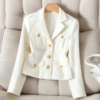 Divat fehér blézer öltöny gallér kis illatkabát Kiváló minőségű durva tweed kabát Fekete gyapjú felsőruházat Nő rövid EFR
