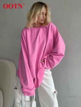 OOTN alkalmi rózsaszín O nyakú pólók női őszi laza hosszú ujjú női felsők utcai elegáns kötött pulóverek pólók nők 2023