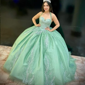 Green Shiny Sweetheart Quinceanera Dress Off The Shoulder Ball ruha Csipke gyöngyök fűző Sweet 15 Vestidos De XV Años
