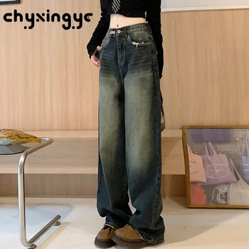 new Harajuku Streetwear Retro Fashion Őszi Nők Magas derekú farmer Laza széles szárú egyenes bő farmer nadrág Y2K Táskás nadrág