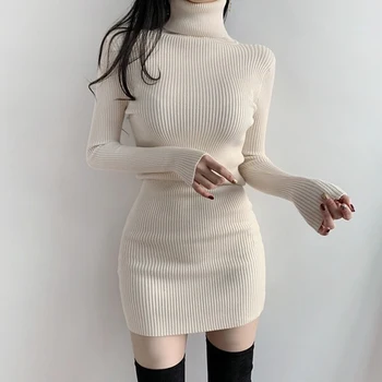 Kötött garbó hosszú ujjú téli pulóver mini ruhák nőknek 2021 őszi tömör bordázott bodycon hölgy rövid fekete tokos ruha