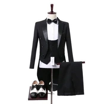 Egyedi gyártású fekete vőlegény szőtt szmokingi öltönyök teljes készlet hosszú csúcshajtóka férfi ruha öltönyök hivatalos esküvői parti blézer trajes de hombre
