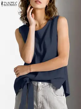 2023 ZANZEA Fashion fűzős tankfelsők Summer Casual Ujjatlan blúz Női tömör hasított szegélyű ing Nő elegáns pamut kemence