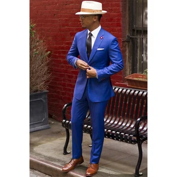 Luxus kék öltönyök férfiaknak Hornyolt hajtóka Egymellű formális Üzleti Smart Casual 2 részes kabát nadrág Slim Fit Blazer Terno