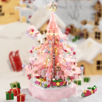rózsaszín kristály karácsonyfa Mikulás zenedoboz Mikro építőelemek összeszerelve Mini kockák Boldog karácsonyt játék gyerekeknek Ajándékok gyerekeknek