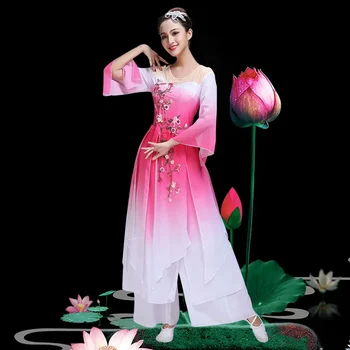 Hanfu női klasszikus tánc előadás jelmez női etnikai Jiangnan esernyő tánc rajongói tánc felnőtt női Yangko ruha