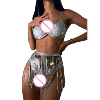 3PCS Bikini-szett Rave-ruhák nőknek Bojtok Szoknya Fém fürdőruha Holografikus-Bandeau felső fürdőruha fesztiválra