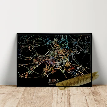 Berni térképposzter, Svájc fővárosi művészeti nyomatok, fekete háttér Színes vonal Falfestés, Bern földrajz Helyszín nyomatok