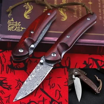 Forró eladás VG10 Damaszkuszi acél kés Összecsukható penge Zsebkés Vörös fa fogantyú Horgászkések Önvédelem EDC használati kés