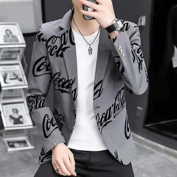 Férfi blézer öltöny kabát Kiváló minőségű levélnyomtatás Blazer Slim Fit koreai trend divat Őszi új Streetwear férfi ruházat