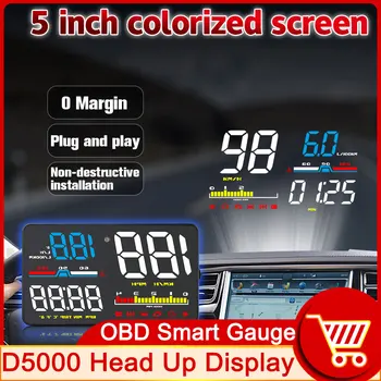 D5000 OBD2 Head-up kijelző autó sebességmérőhöz KMH MPH fordulatszámmérő Szélvédő Projetor mérő HUD automatikus vízhőmérséklet túllépés riasztás
