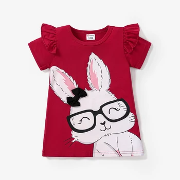 PatPat Baby Girl Rabbit Print Flutter-sleeve pólóruha