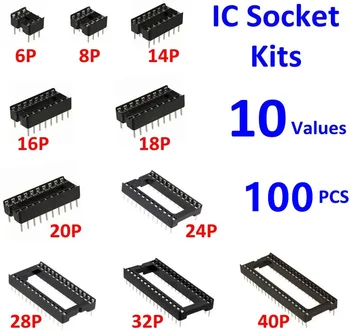100Pcs/Box 2.54mm Pitch DIP IC aljzatok Forrasztási típus adapter választékkészlet (6/8/14/16/18/24/28/40 tűk)
