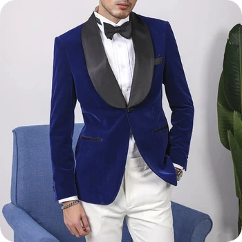 Royal Blue Velvet Esküvői öltönyök vőlegénynek Party Casual Slim Fit férfi öltönyök 2 darab férfi divat fehér nadrág dohányzó blézer