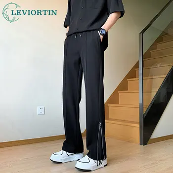 Nyári cipzáras oldalsó nyitó öltöny nadrág férfi divat társadalmi férfi ruha nadrág koreai laza egyenes jég selyem irodai formális nadrág